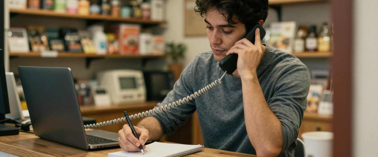 Dueño de un comercio atendiendo una consulta por teléfono y tomando nota