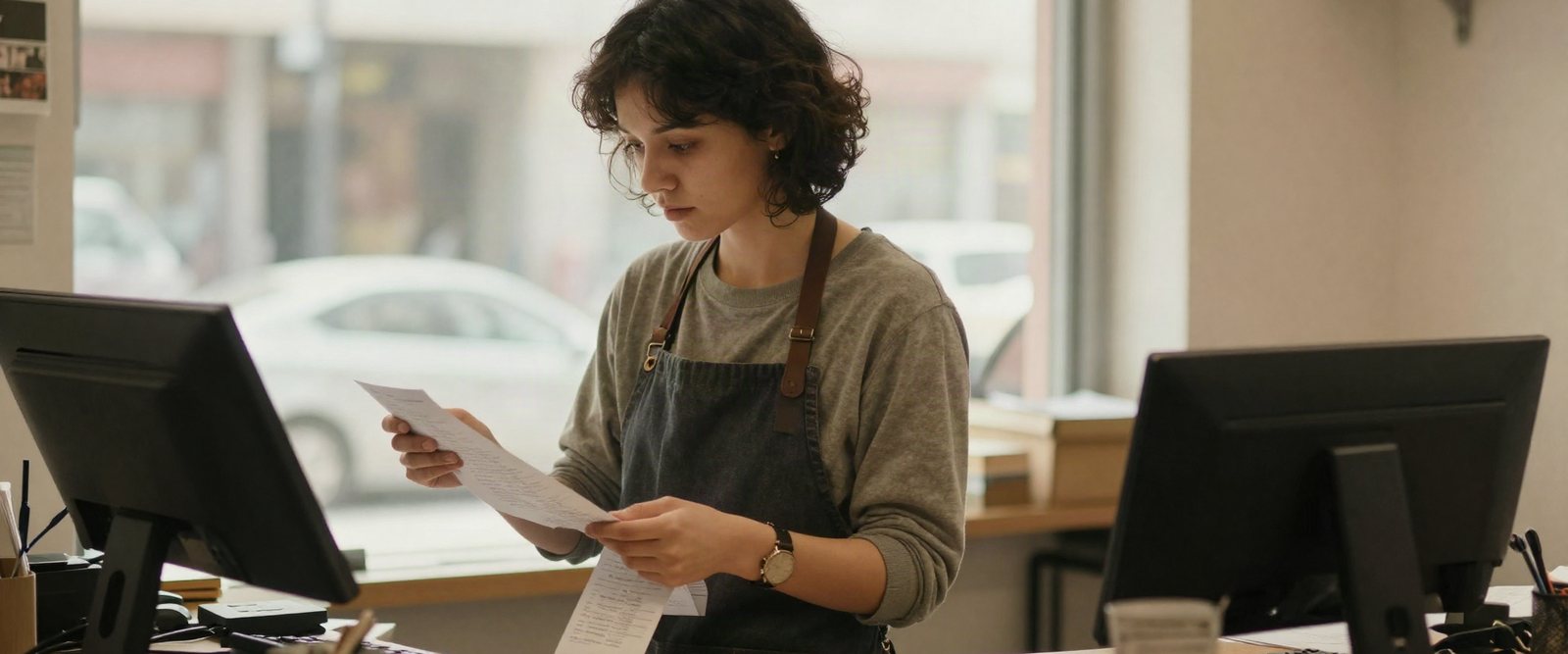 Dueña de un comercio revisando sus números de venta en el mostrador